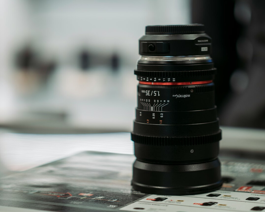 Close-up of a professional broadcast camera lens