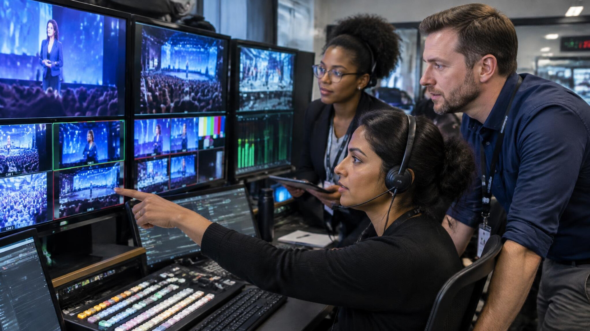 Production team reviewing a live broadcast feed in a control room