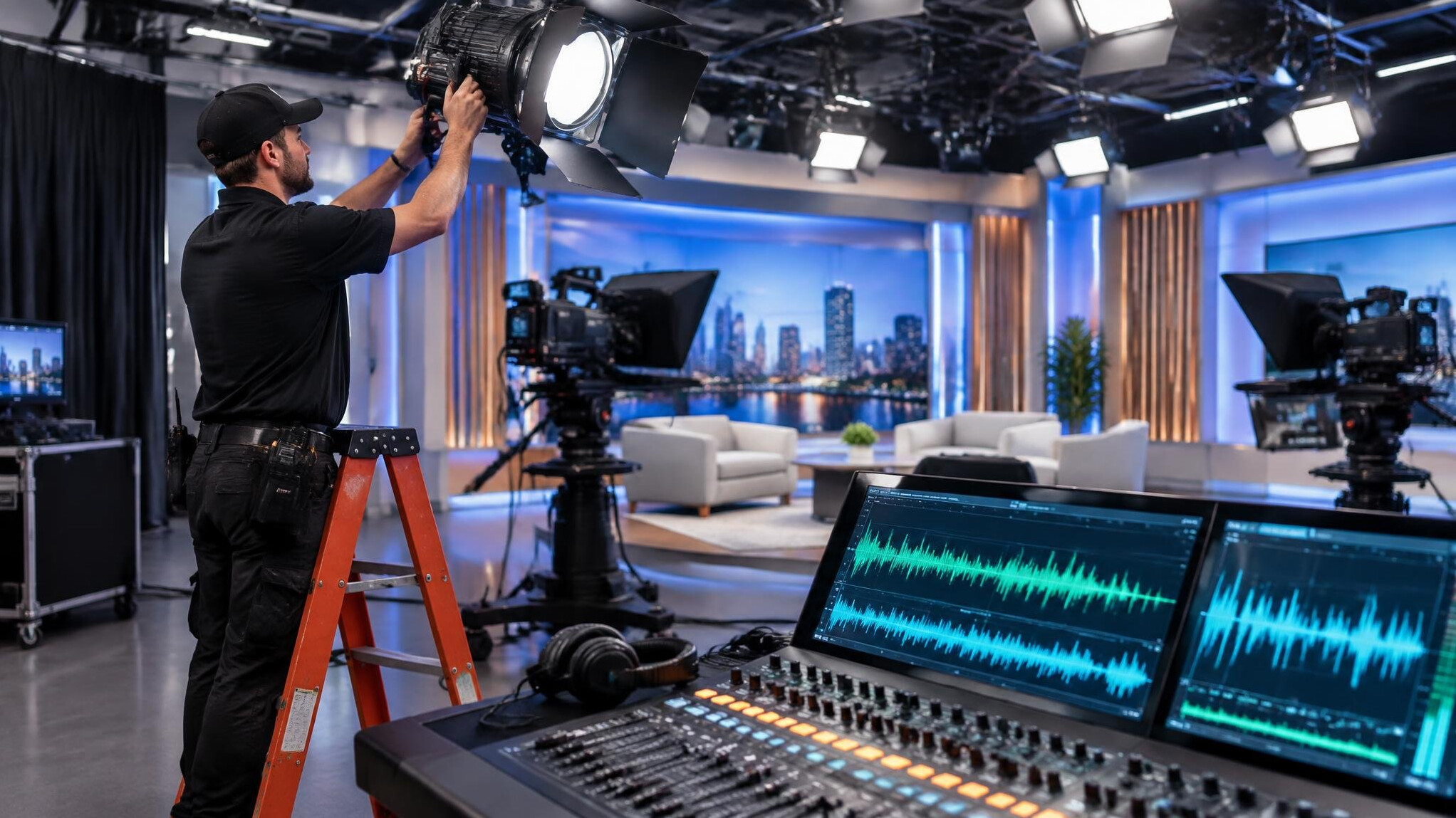Lighting and sound wave setup inside a television studio