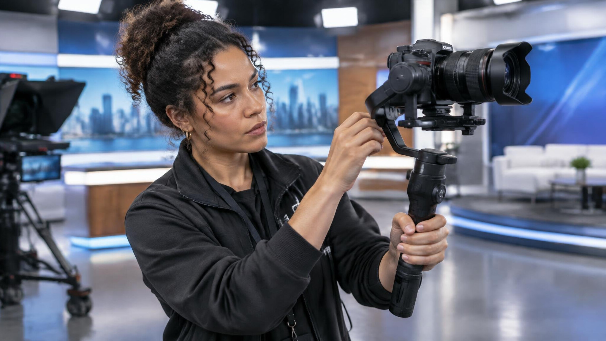 Camera operator adjusting a gimbal rig in a studio