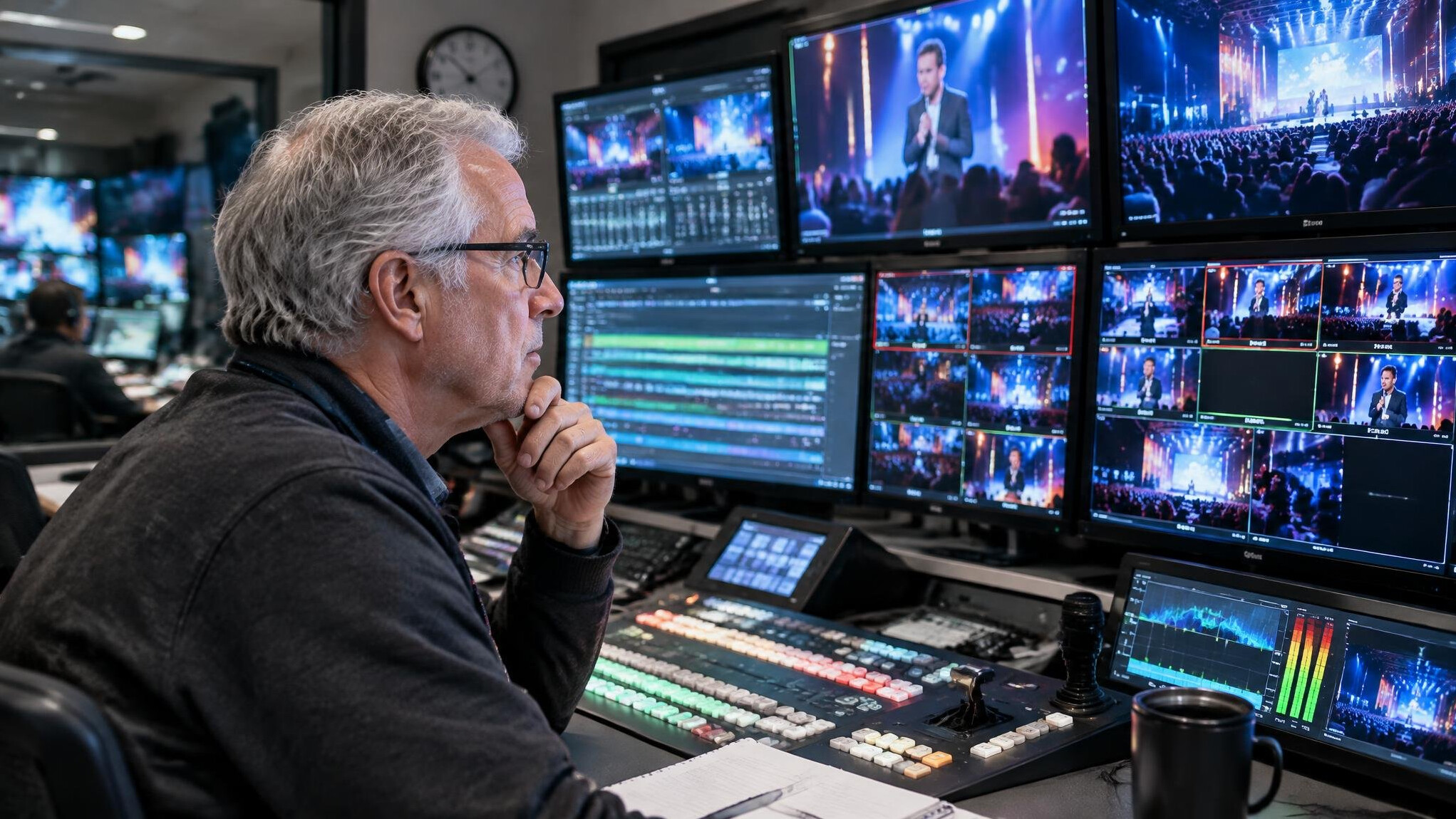 Producer reviewing a live show workflow on monitors