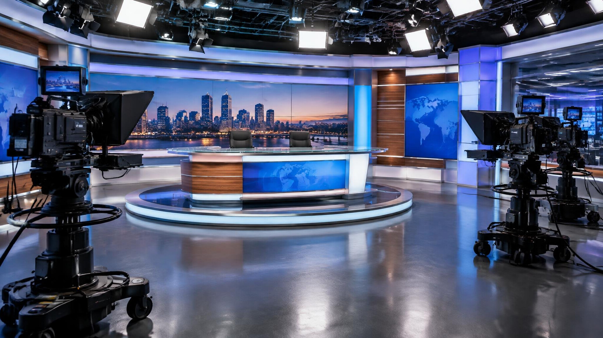 Wide view of a television studio set with cameras and lights