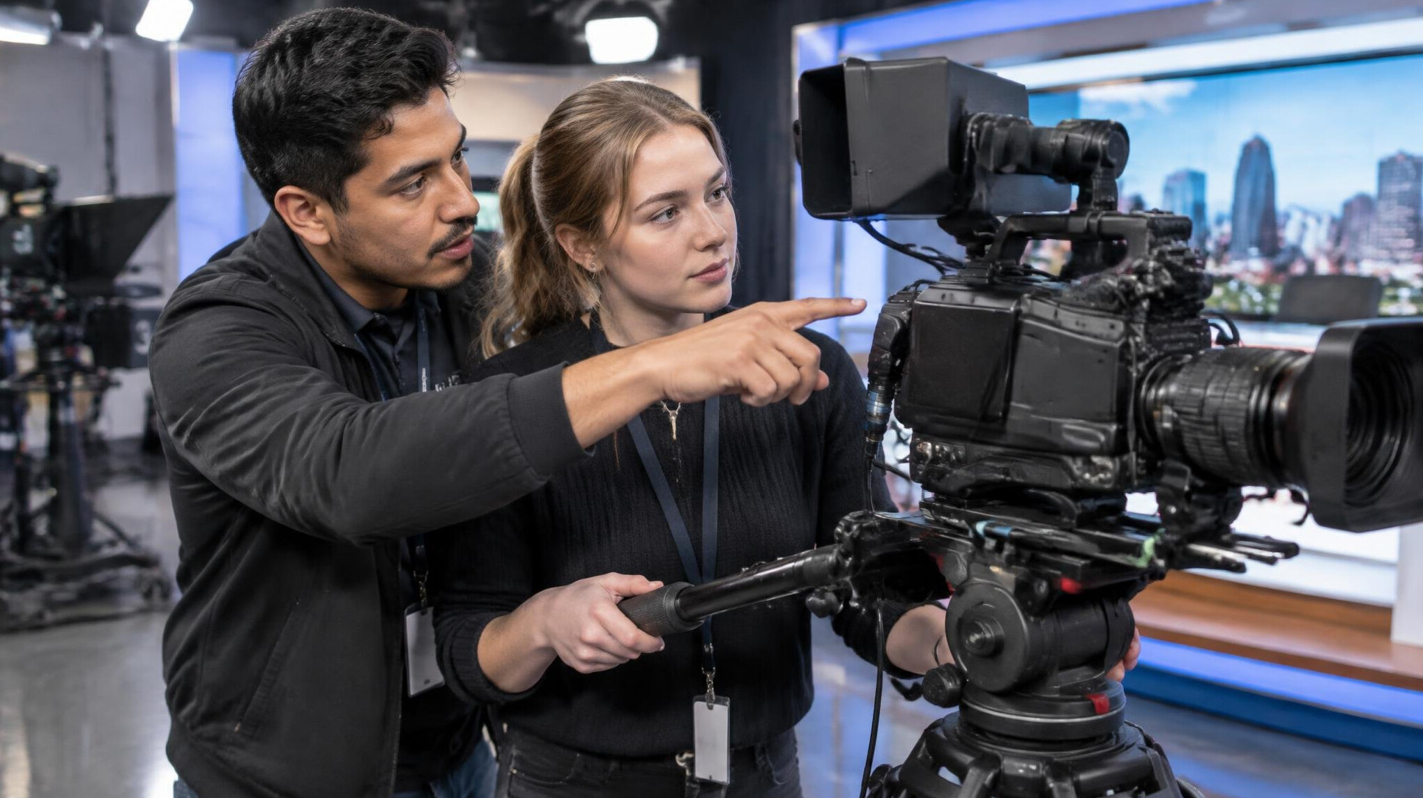 Trainer guiding a student on camera operation in a studio