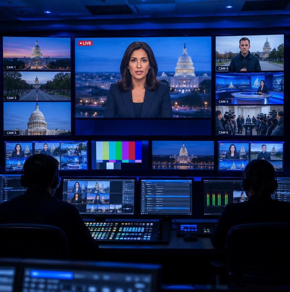 Control room monitors showing a live news feed